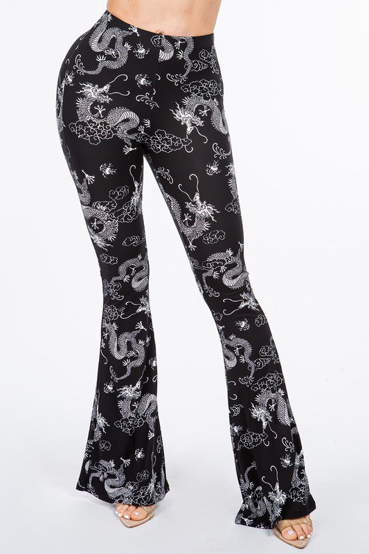 Black Stretch Leggings, Bold Dragon and Floral Elasticized Waist