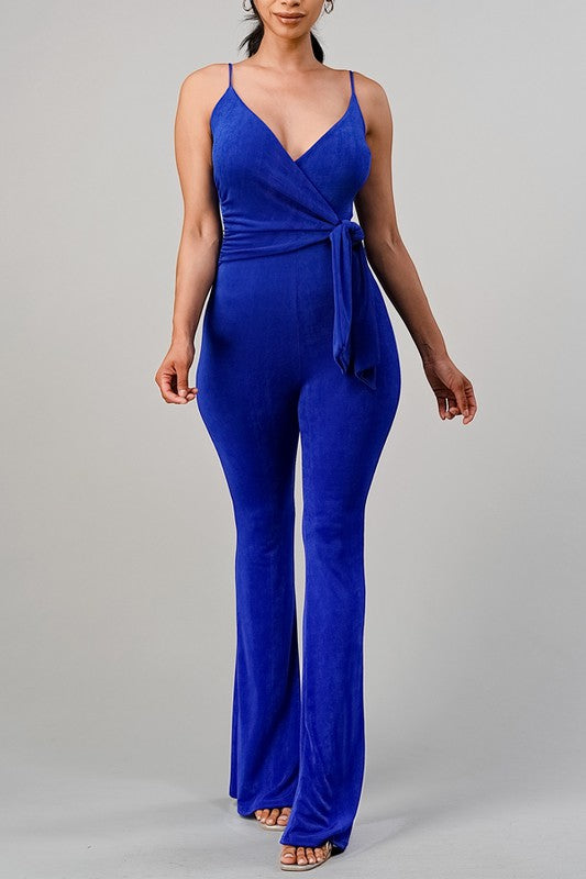 Violeta V-Neck Wide Leg Jumpsuit with Tied Waist - Blue