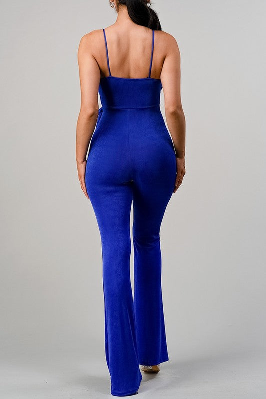 Violeta V-Neck Wide Leg Jumpsuit with Tied Waist - Blue - Back View