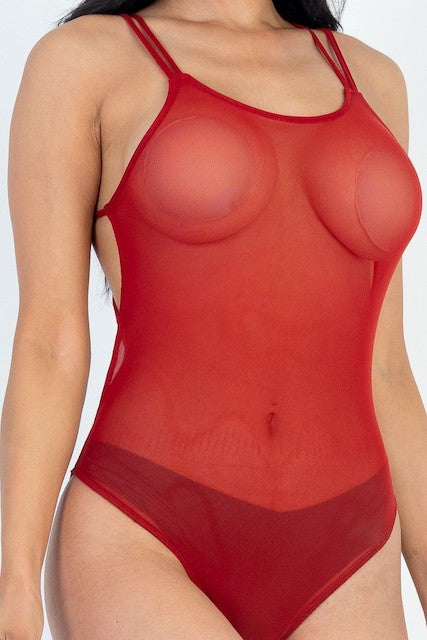 Poly Mesh Crisscross Backless Bodysuit - Rust