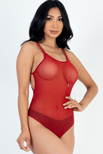 Poly Mesh Crisscross Backless Bodysuit - Rust