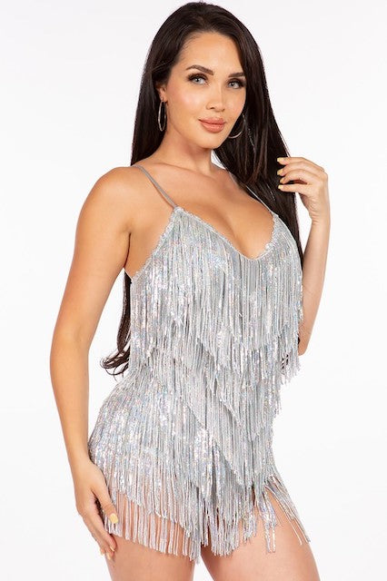 V Shaped Sequin Fringe Panty Bodysuit Romper in silver color