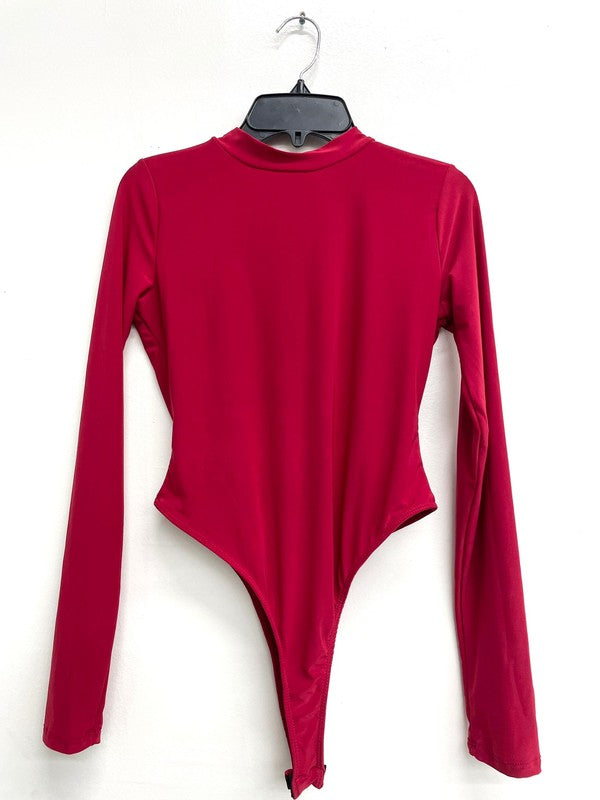 Very Mocky Neck Lined Thong Bodysuit - Red