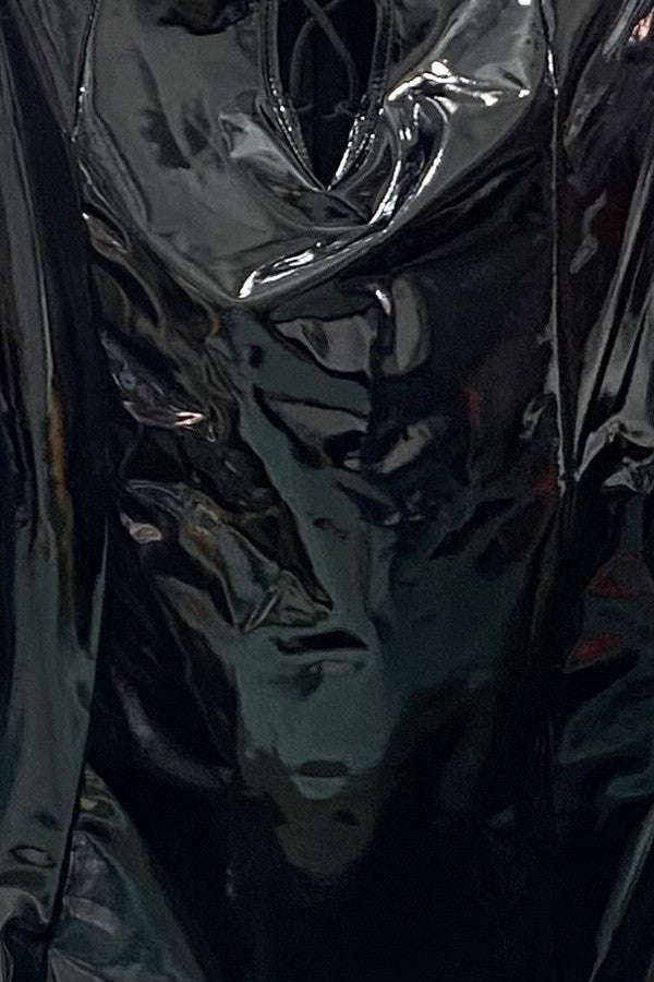 Latex Tie Front Mini Dress - Black - Close Up