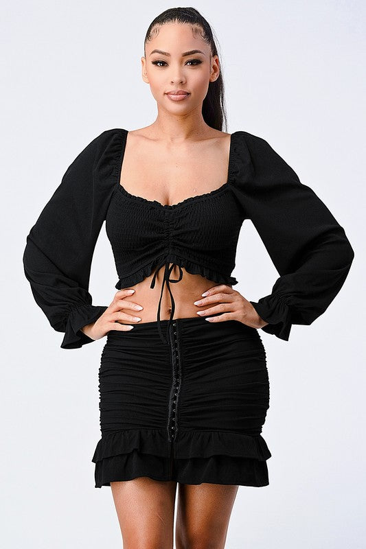 Smocked Ruffled Sweater Set in Black Color