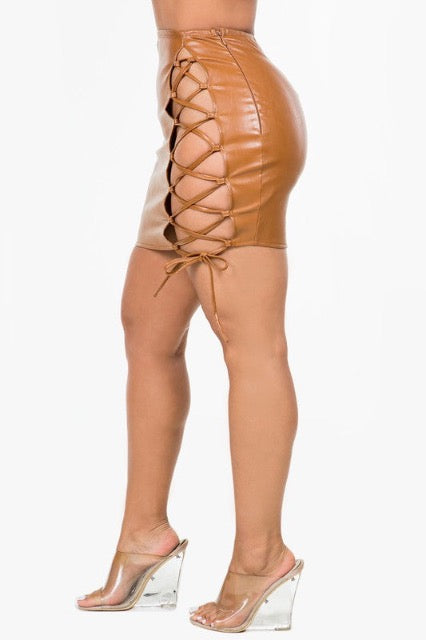 Faux Leather Lace Up Mini Skirt - Camel