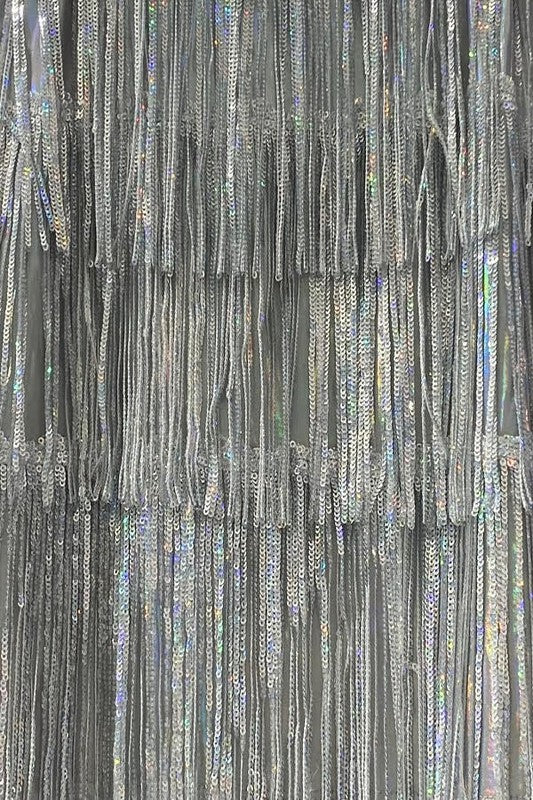 Close up of Bikini Top And Mini Skirt Sequin Fringe Set in Silver Color
