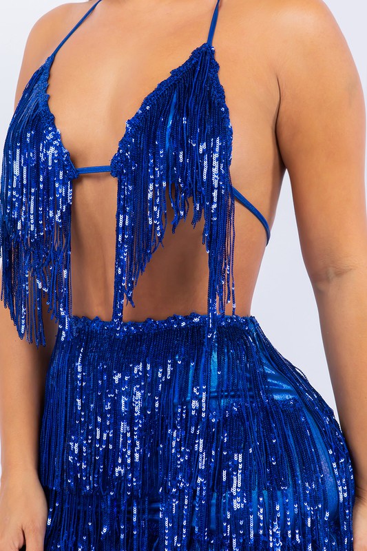 Close up of Bikini Top And Mini Skirt Sequin Fringe Set in Blue Color