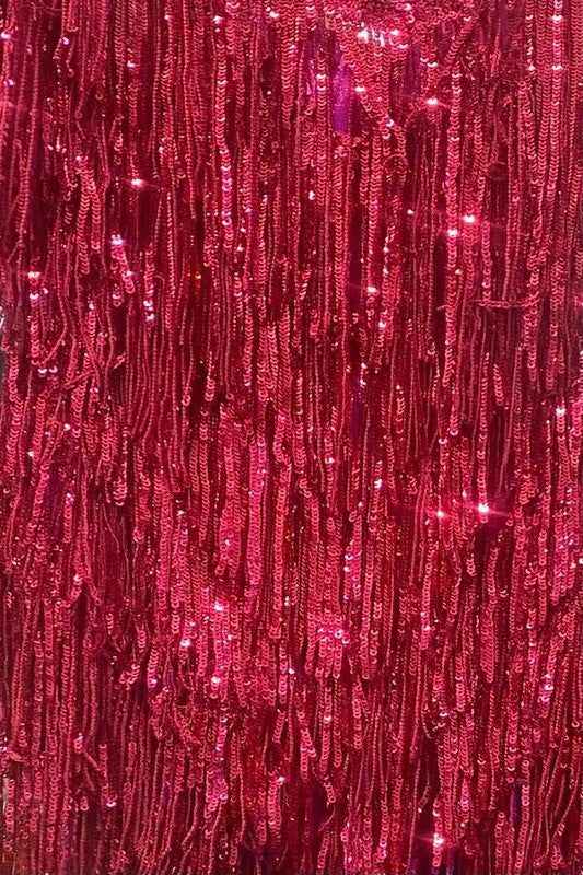 Close up of Bikini Top And Mini Skirt Sequin Fringe Set in Hot Pink Color