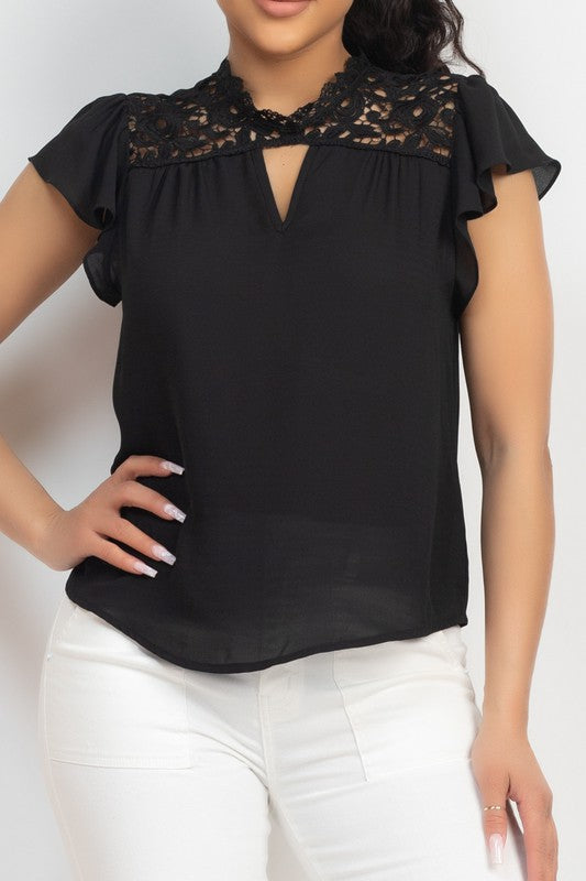 Back Keyhole Ruffled Sleeve Top - Black