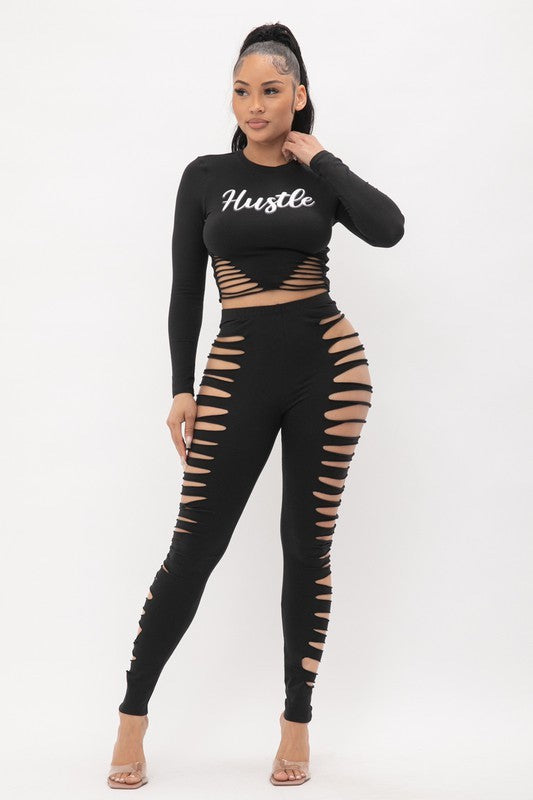 Hustle Screen Side Laser Cut Top And Leggings Set - Black