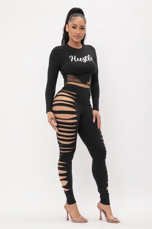 Hustle Screen Side Laser Cut Top And Leggings Set - Black