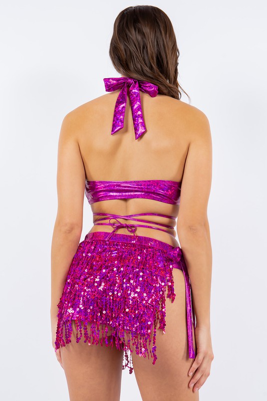 Strappy Fringe Sequin Set - Hot Pink - Back View