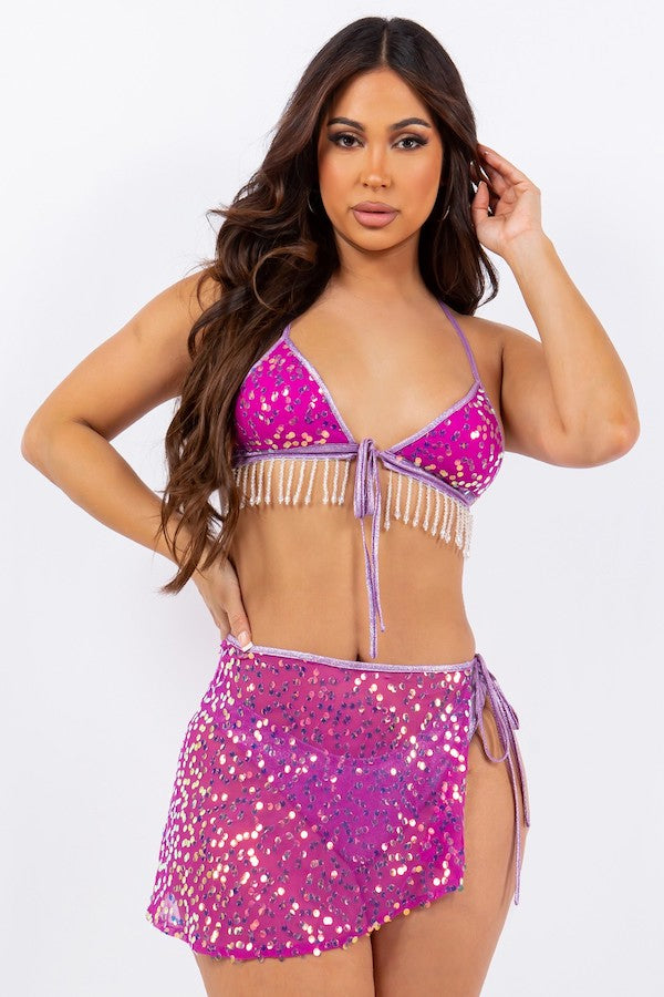 Bikini Top And Over Sequin Skirt Set - Purple