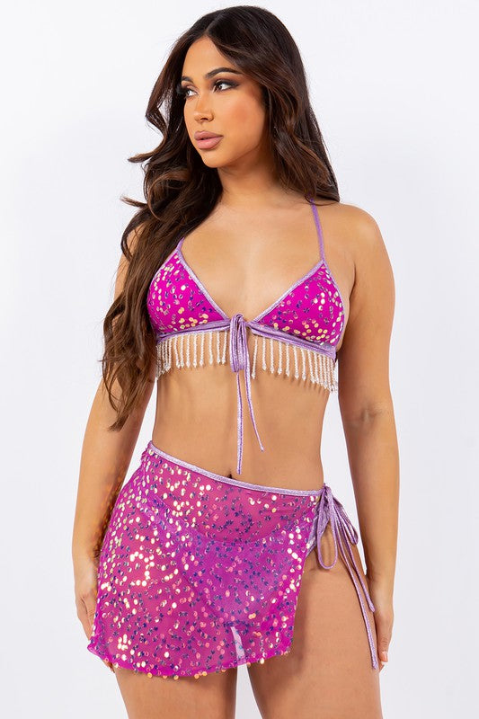 Bikini Top And Over Sequin Skirt Set - Purple
