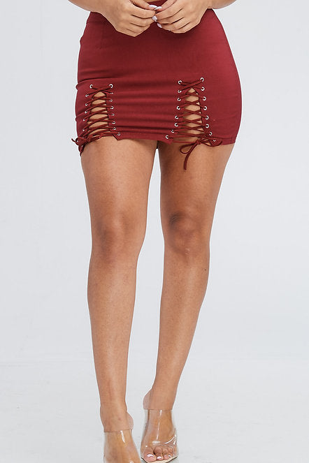 Double Side Lace Up Mini Skirt - Burgundy