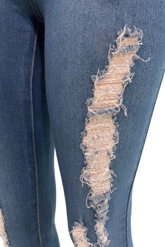 Close up of Azulina Studded Ripped Jeans in Blue