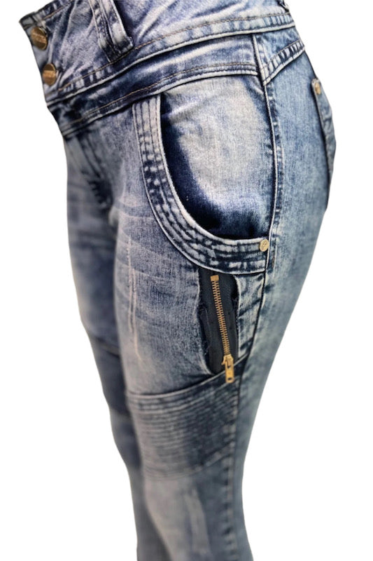 Close up of Zipper Scraped Moto Jeans