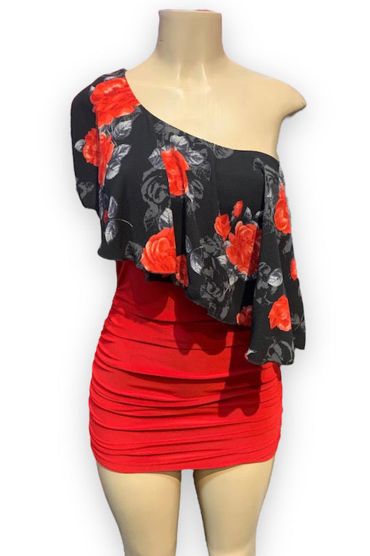 One Shoulder Floral Ruched Dress