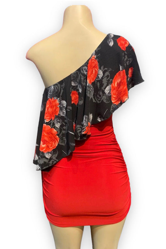 back of One Shoulder Floral Ruched Dress