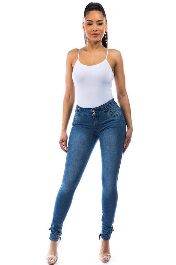 Ankle Cut Outs, No Back Pockets, Bling Jeans in Blue