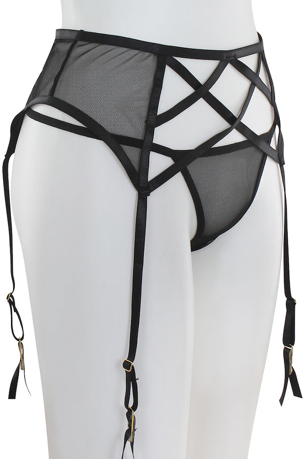 Caged Mesh Garter Belt W/ Thong - Black