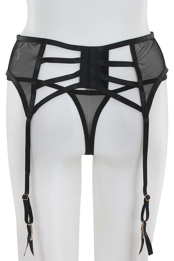 Caged Mesh Garter Belt W/ Thong - Black - Back View