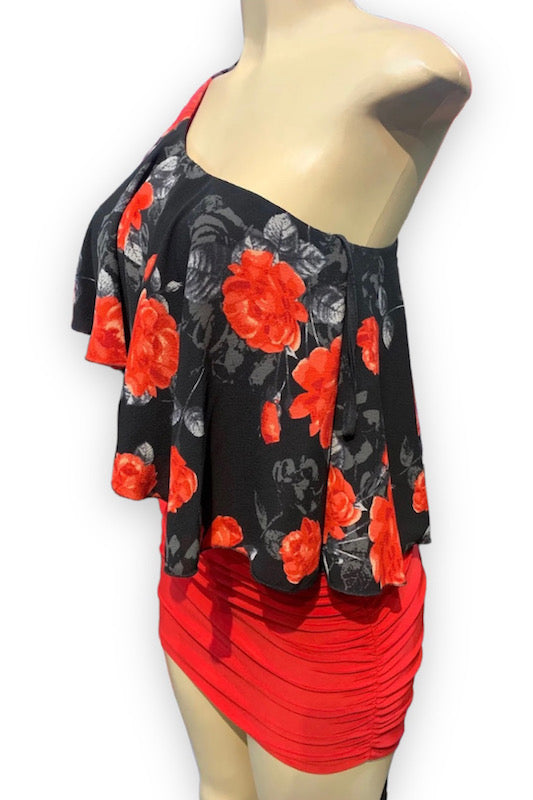 side of One Shoulder Floral Ruched Dress