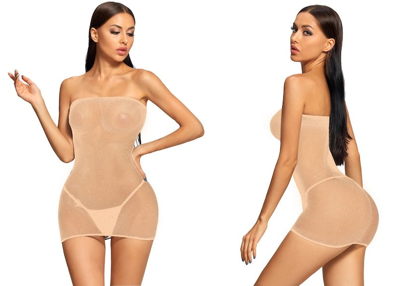 Shiny Stones Rhinestone Fishnet Mesh Tube Dress in beige color