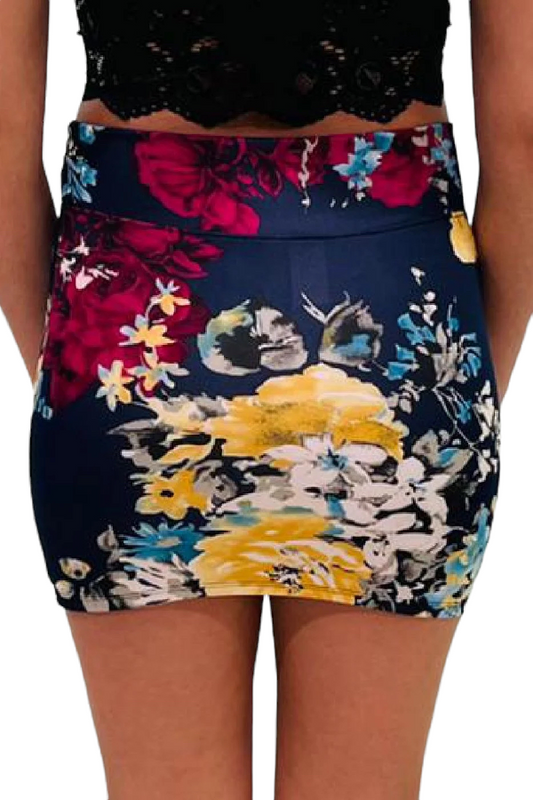 Bouquet of Flowers Print Skirt - Navy