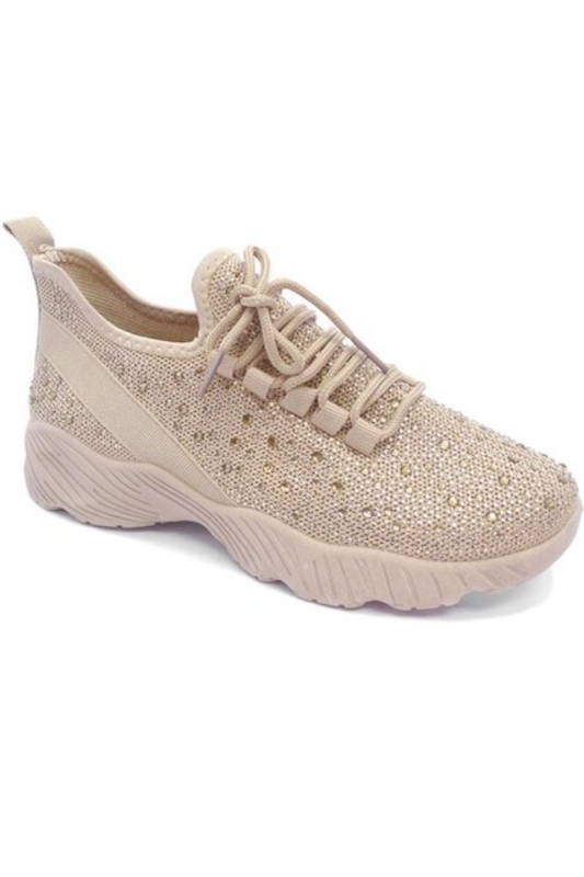 Knit Rhinestone Pull Up Sneakers in Nude
