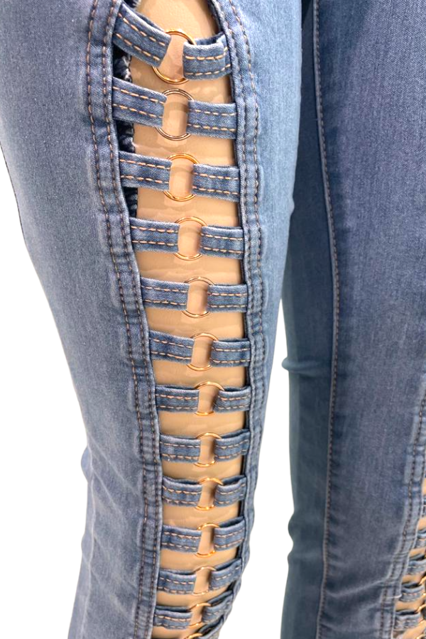 Close up of Up The Ladder with O Rings Jeans in Light Blue