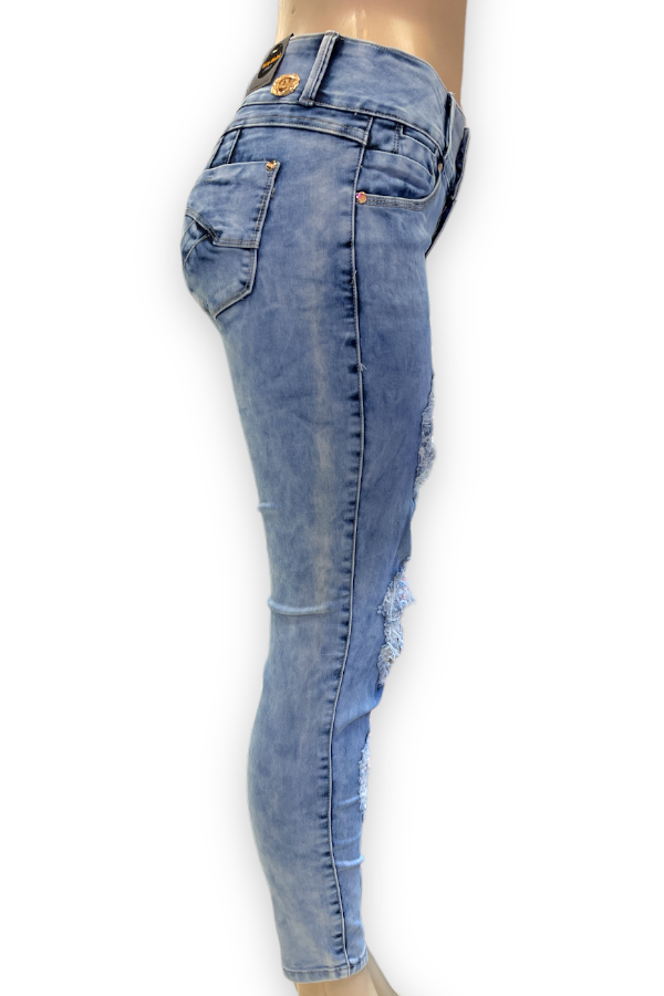 Side of Dreamy Skies Curvy Distressed Jeans in blue color