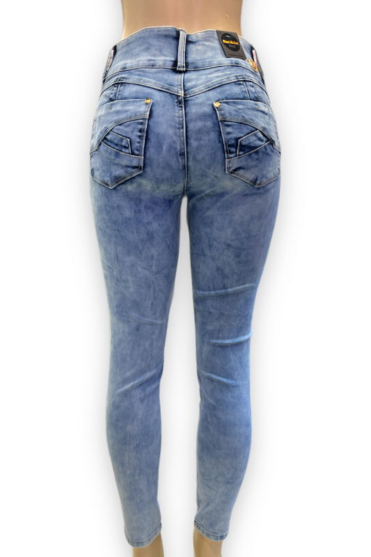Back of Dreamy Skies Curvy Distressed Jeans in blue color