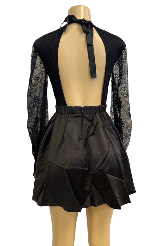 Lace & Satin Seduction Dress - Black - Back View