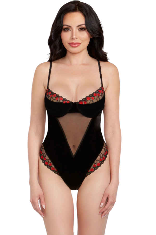 Velvet Garter Teddy w/ Red Flower Detail & Attached Tie-Back Garters on model
