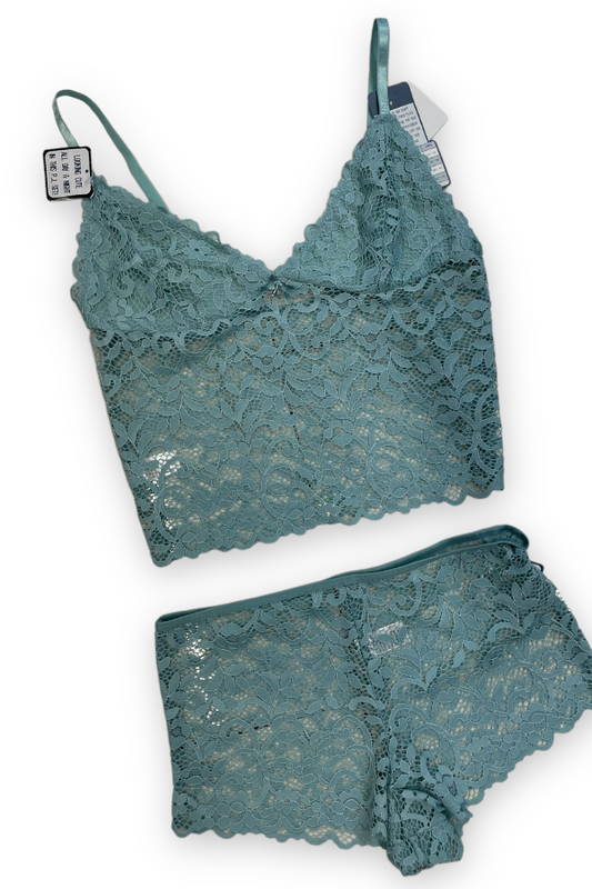 Lace Cami & Boyshort Pajama Set - Blue