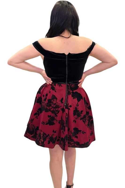 Off Shoulder Velvet Floral Dress - Burgundy - Back View