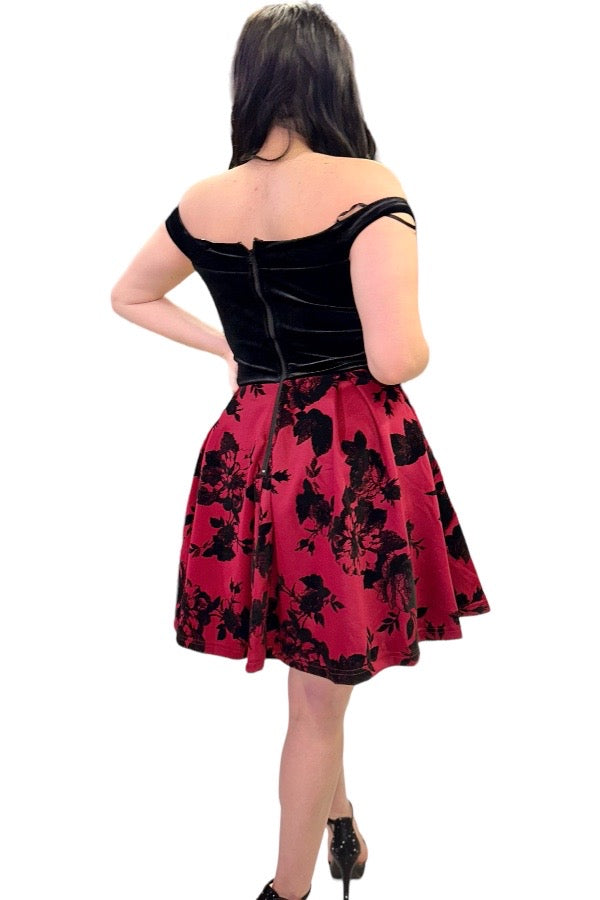 Off Shoulder Velvet Floral Dress - Burgundy - Back View