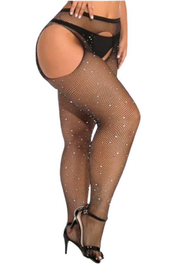 Fishnet Suspenders with Rhinestones - Black