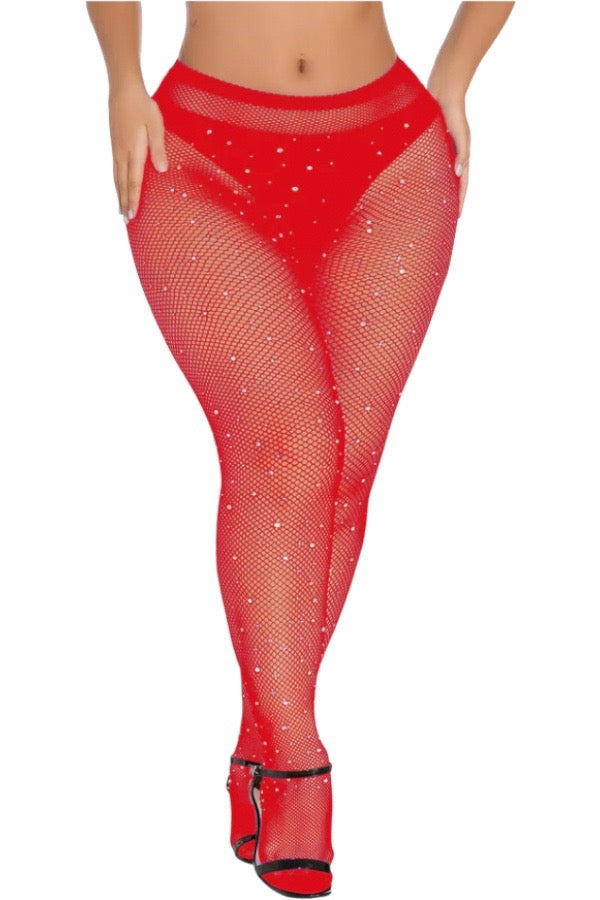 Fishnet Pantyhose with Rhinestone - Red