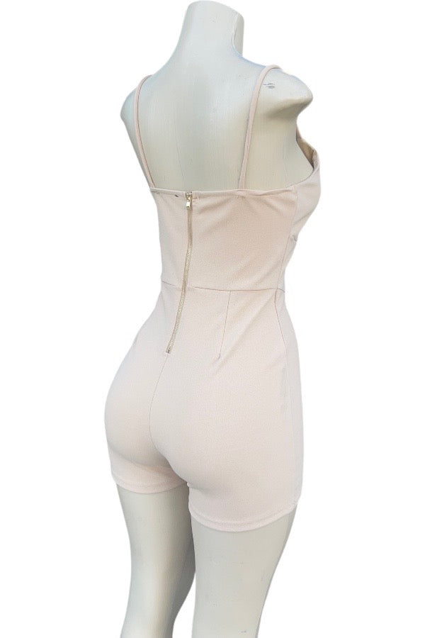 Lace Up Romper W/ Lace Trim - Beige - Back View