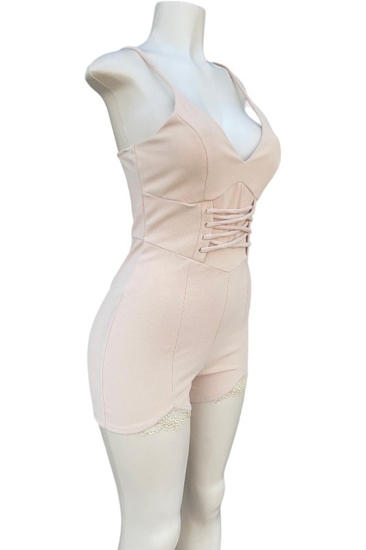 Lace Up Romper W/ Lace Trim - Beige