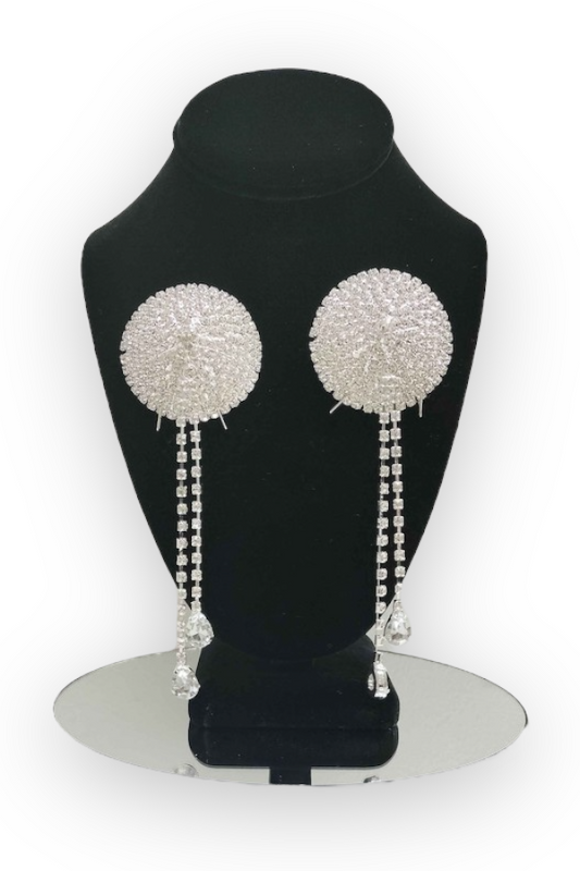 Cone Tassel Rhinestone Nipple Covers - Silver