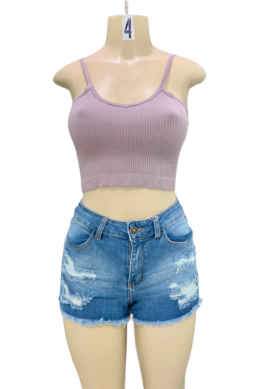 Ribbed Rayon V Neck Crop Cami Top - Lilac