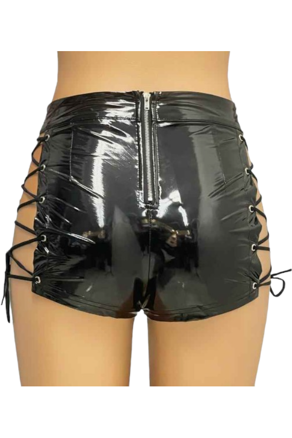 Latex Lace Up Shorts - Black