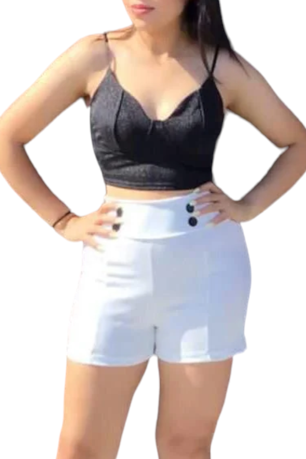High Rise Shorts W/ Button Detail - White