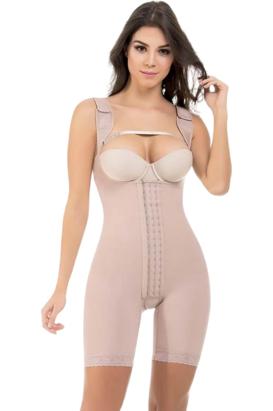 Mid Thigh Body Shaper W/ Wide Padded Straps - Beige