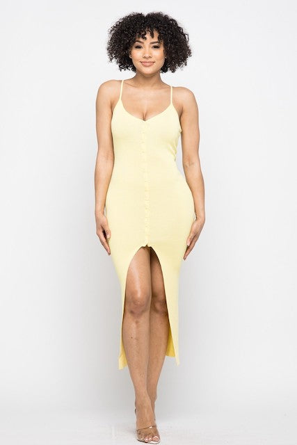 Button Down High Slit Dress - Yellow