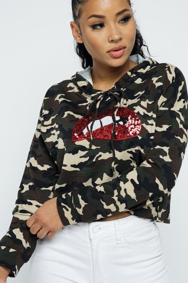 Lip Sequin Patch Camo Hoodie Sweatshirt GRAY FASHION